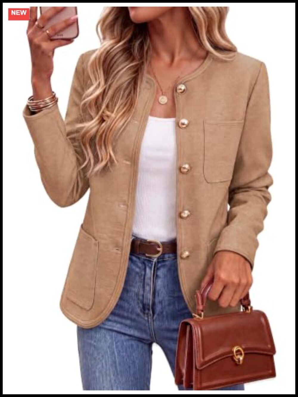 Wool Blend Collarless Sweater Blazer Gold Button Business Casual Cardigan